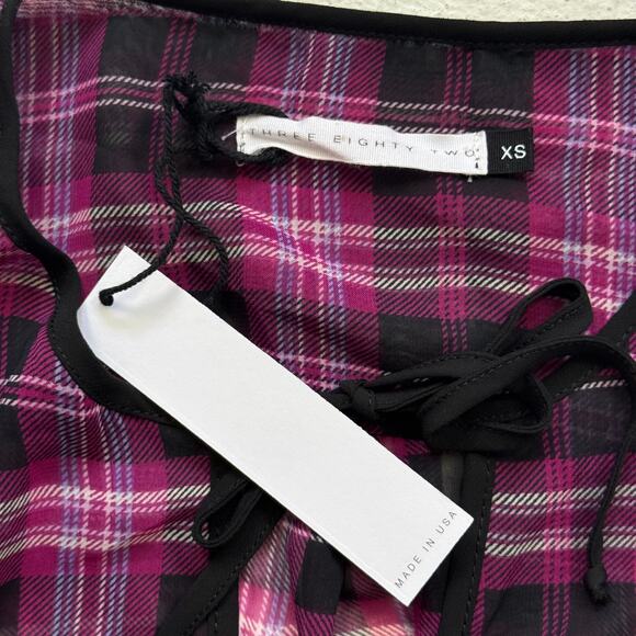 Three Eighty Two Plaid Sheer Tie Front Blouse Size XS NWT Made in USA - Picture 5 of 6